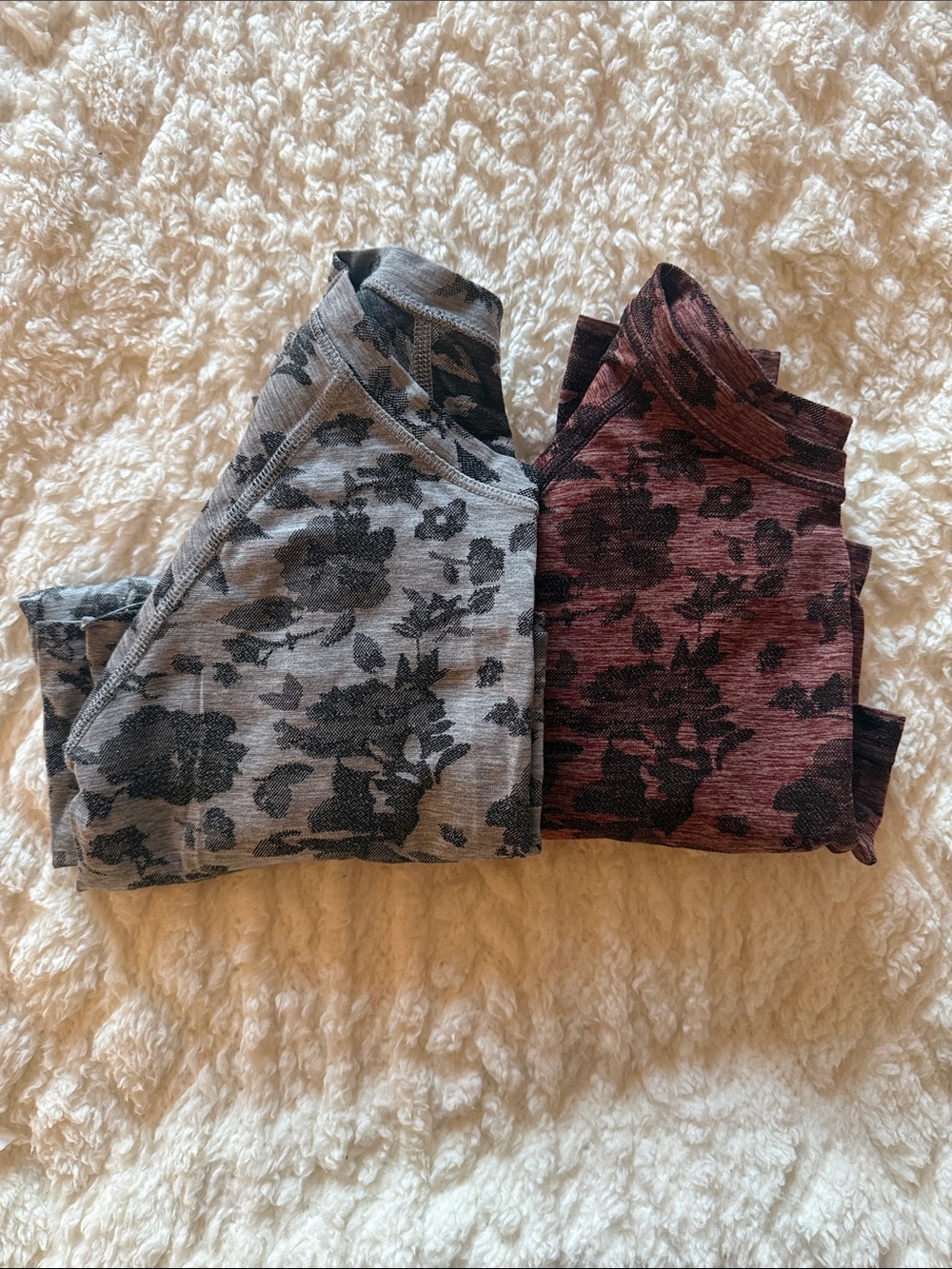 Athleta Floral Print Long Sleeve Tops - Gray and Burgundy